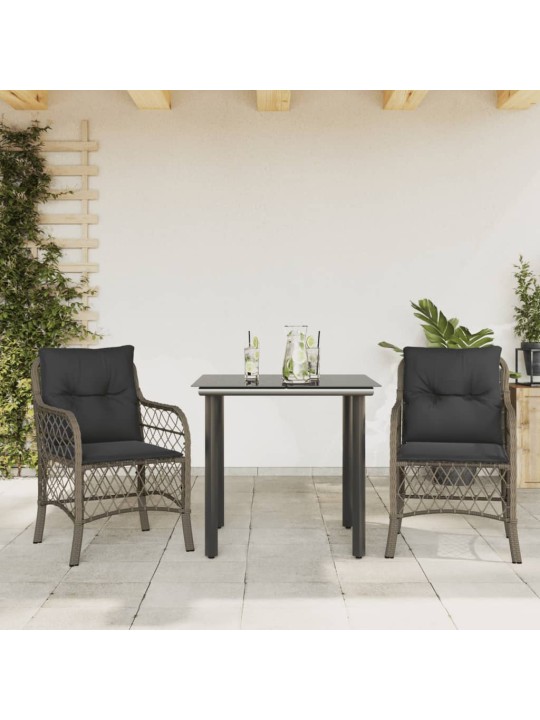 3dílný bistro set s poduškami šedý polyratan