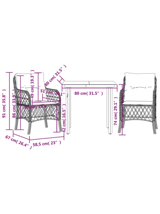 3dílný bistro set s poduškami světle šedý polyratan