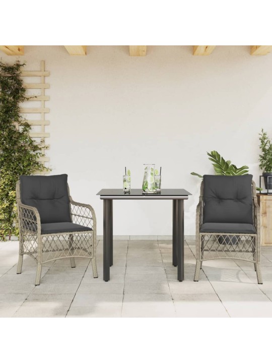 3dílný bistro set s poduškami světle šedý polyratan