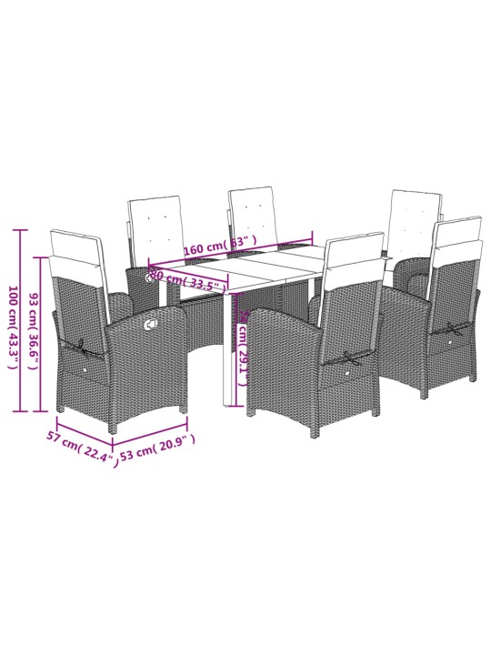 7dílný zahradní jídelní set s poduškami světle šedý polyratan