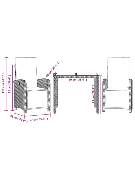 3dílný bistro set s poduškami šedý polyratan