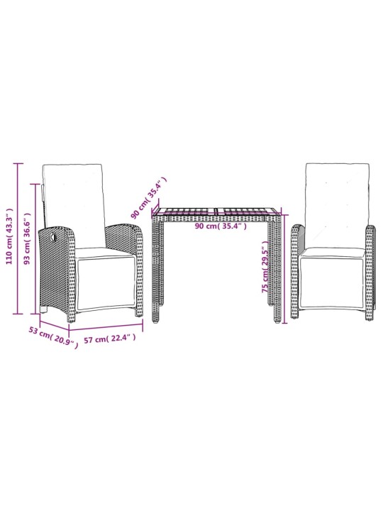 3dílný bistro set s poduškami černý polyratan