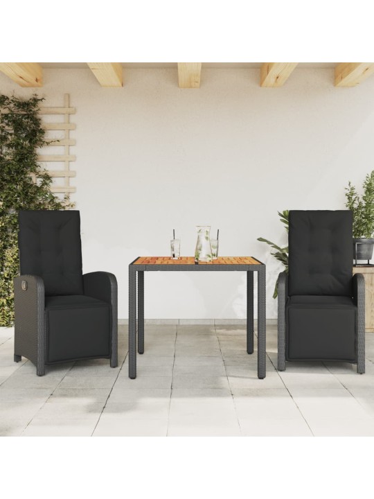 3dílný bistro set s poduškami černý polyratan