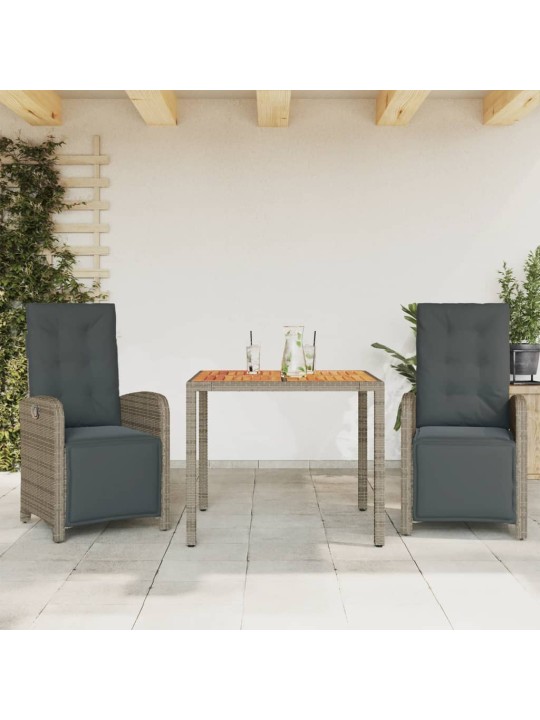3dílný bistro set s poduškami šedý polyratan