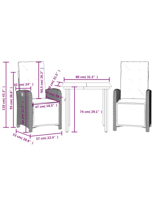 3dílný bistro set s poduškami černý polyratan