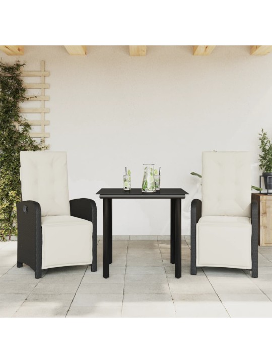 3dílný bistro set s poduškami černý polyratan