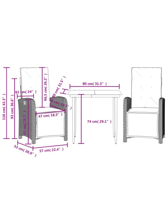3dílný bistro set s poduškami černý polyratan