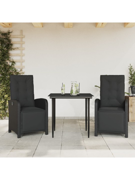 3dílný bistro set s poduškami černý polyratan