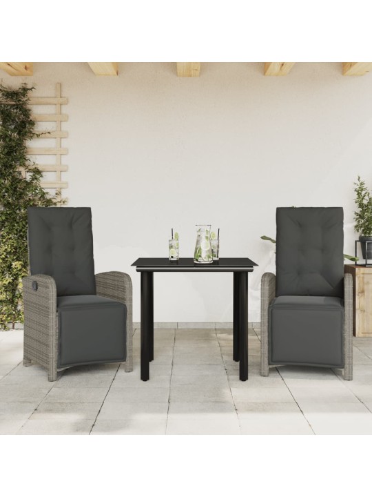 3dílný bistro set s poduškami šedý polyratan