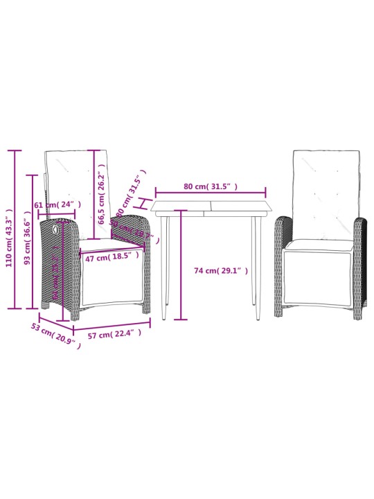 3dílný bistro set s poduškami béžový polyratan