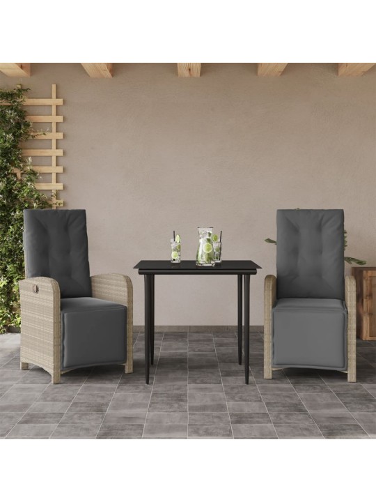 3dílný bistro set s poduškami světle šedý polyratan