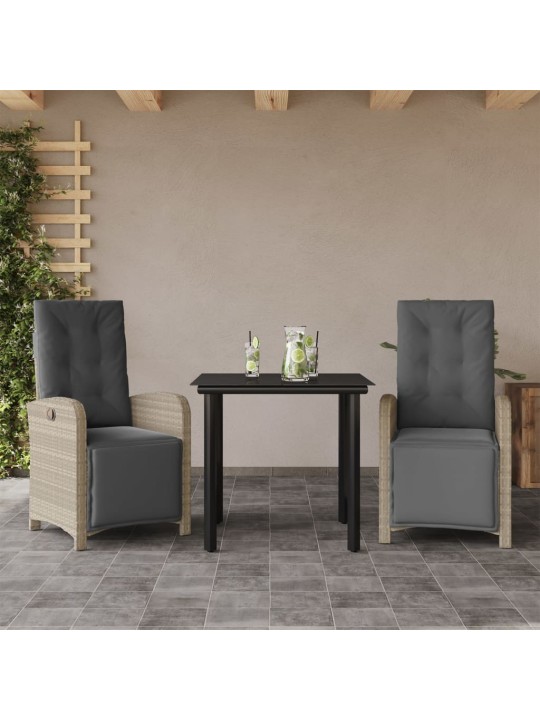 3dílný bistro set s poduškami světle šedý polyratan