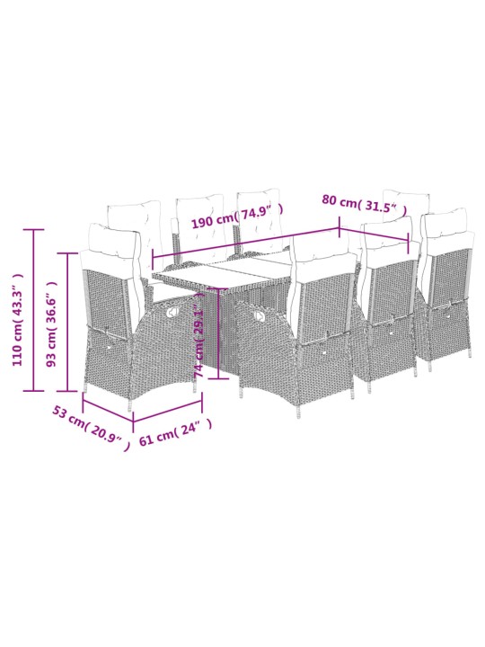 9dílný zahradní jídelní set s poduškami mix béžové polyratan