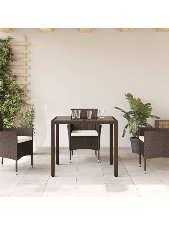 Zahradní stůl se skleněnou deskou hnědý 90x90x75 cm polyratan