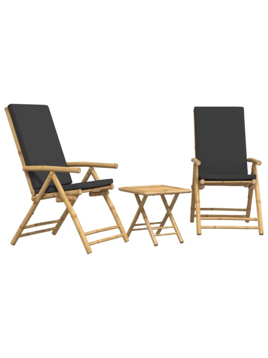 3dílný skládací bistro set s tmavě šedými poduškami bambus