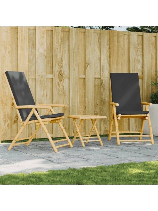 3dílný skládací bistro set s tmavě šedými poduškami bambus