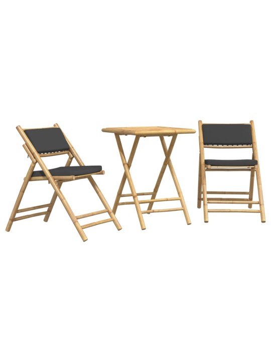 3dílný skládací bistro set s tmavě šedými poduškami bambus
