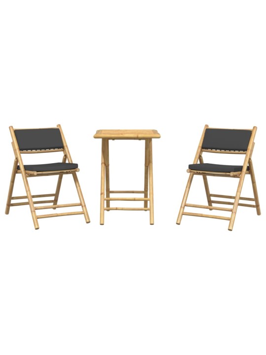 3dílný skládací bistro set s tmavě šedými poduškami bambus