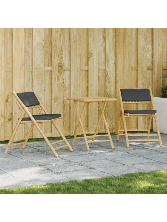 3dílný skládací bistro set s tmavě šedými poduškami bambus