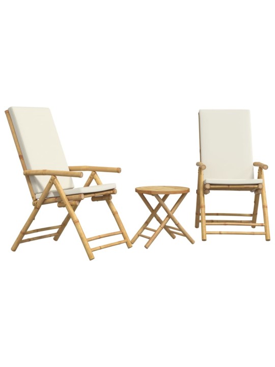 3dílný skládací bistro set s krémově bílými poduškami bambus