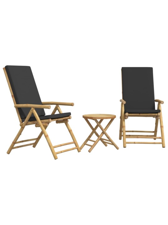 3dílný skládací bistro set s tmavě šedými poduškami bambus
