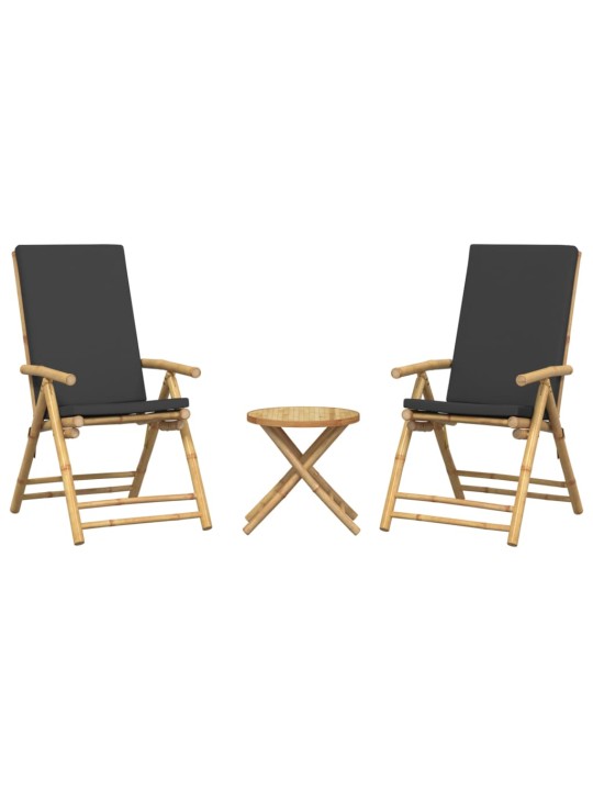 3dílný skládací bistro set s tmavě šedými poduškami bambus