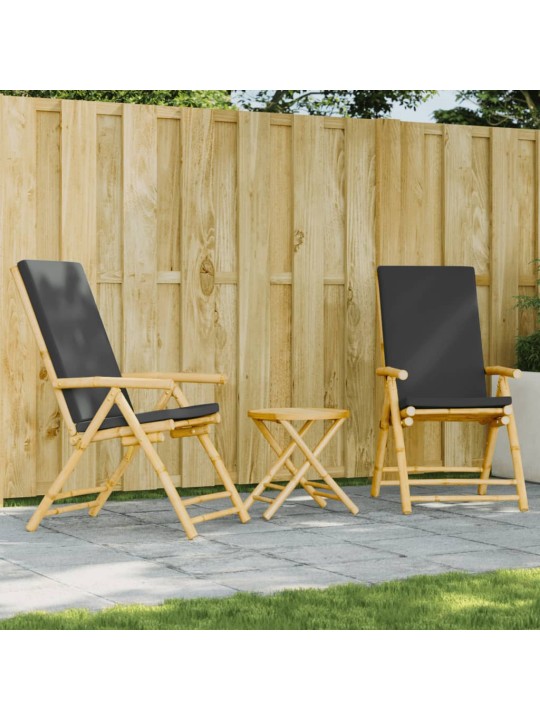 3dílný skládací bistro set s tmavě šedými poduškami bambus