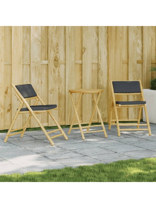 3dílný skládací bistro set s tmavě šedými poduškami bambus