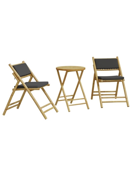 3dílný skládací bistro set s tmavě šedými poduškami bambus