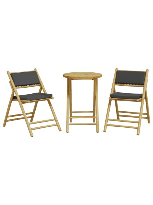 3dílný skládací bistro set s tmavě šedými poduškami bambus
