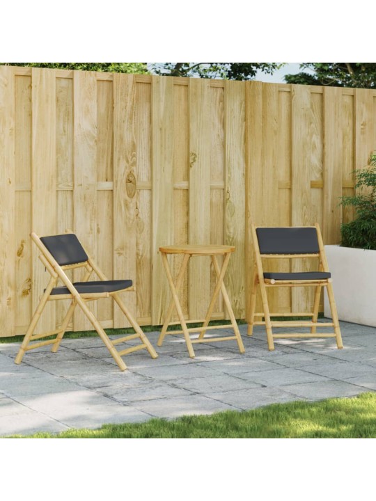 3dílný skládací bistro set s tmavě šedými poduškami bambus
