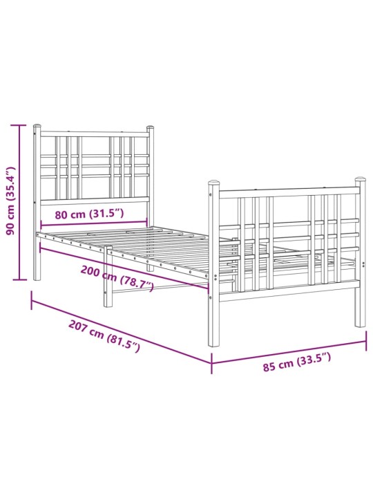 Kovový rám postele s hlavovým a nožním čelem černý 80 x 200 cm