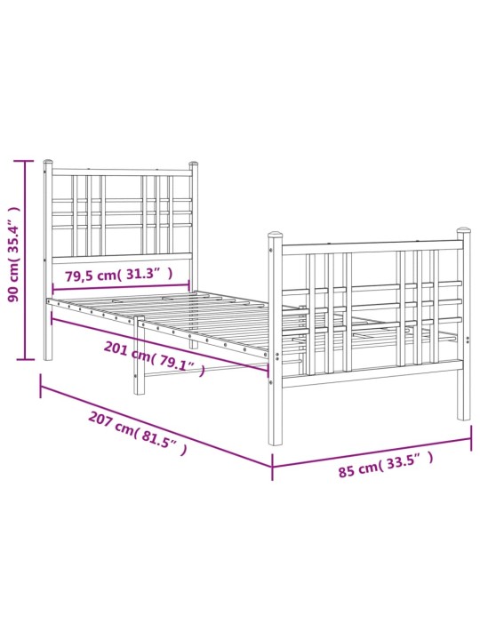 Kovový rám postele s hlavovým a nožním čelem bílý 80 x 200 cm