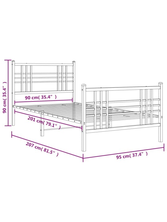 Kovový rám postele s hlavovým a nožním čelem bílý 90 x 200 cm