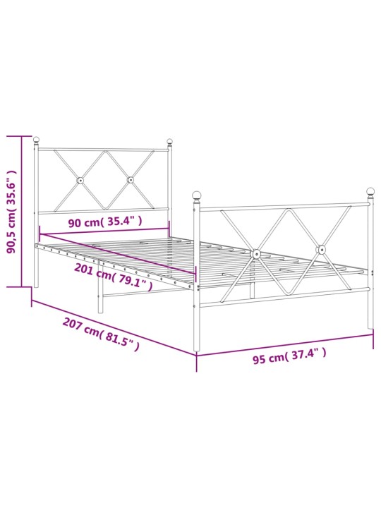 Kovový rám postele s hlavovým a nožním čelem černý 90 x 200 cm