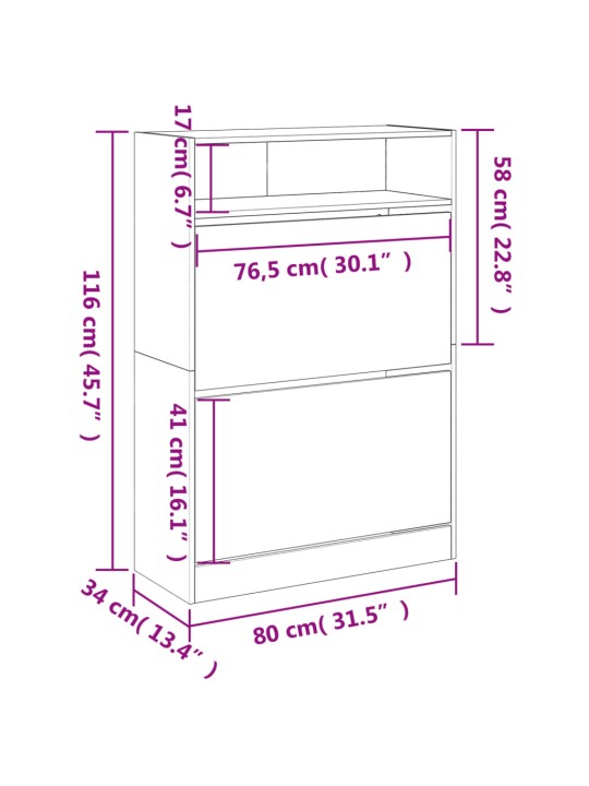 Botník se 2 výklopnými zásuvkami kouřový dub 80 x 34 x 116 cm
