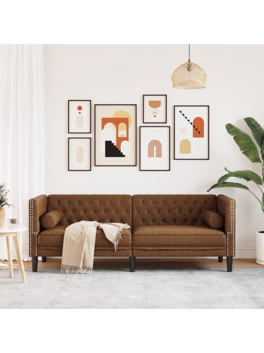 Pohovka chesterfield s podhlavníky 3místná hnědá umělý semiš