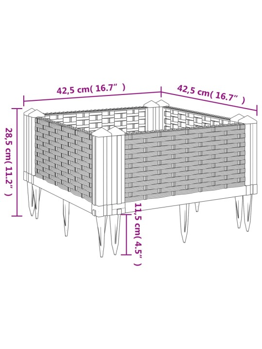 Zahradní truhlík s kolíky světle šedý 42,5 x 42,5 x 28,5 cm PP