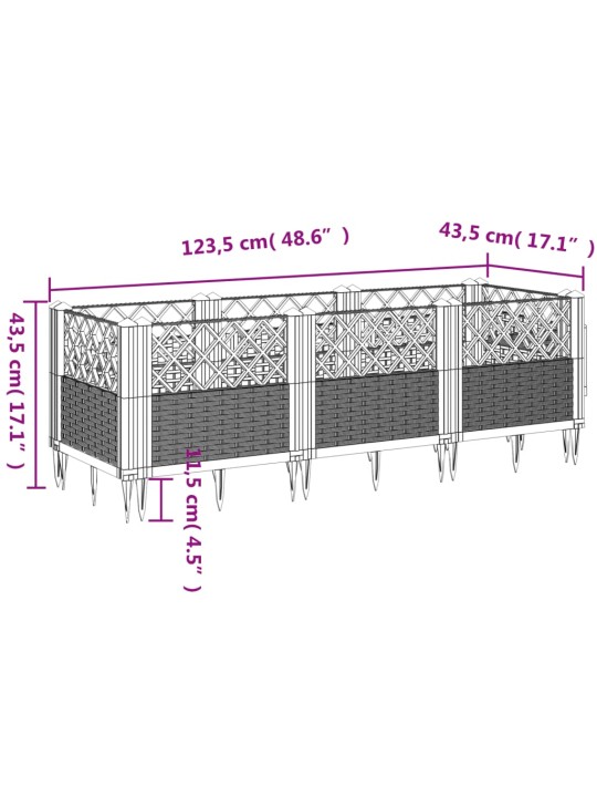 Zahradní truhlík s kolíky světle šedý 123,5 x 43,5 x 43,5 cm PP