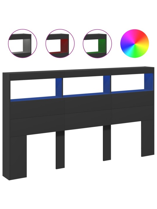 Čelo postele s úložným prostorem a LED černé 180 x 17 x 102 cm