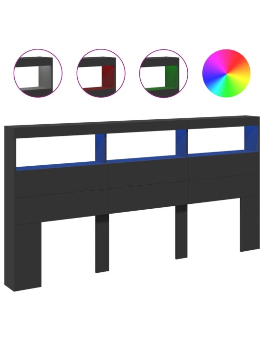Čelo postele s úložným prostorem a LED černé 200 x 17 x 102 cm
