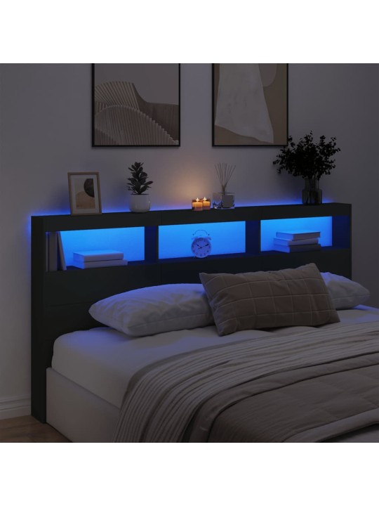 Čelo postele s úložným prostorem a LED černé 200 x 17 x 102 cm