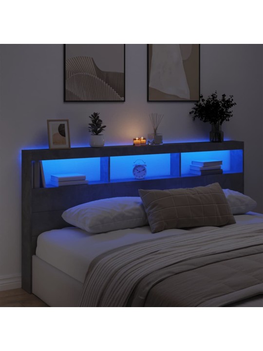 Čelo postele úložný prostor a LED betonově šedé 200x17x102 cm
