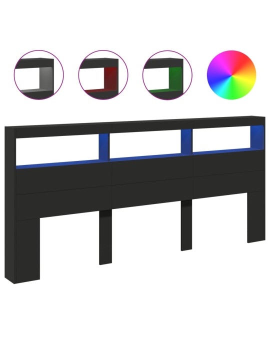 Čelo postele s úložným prostorem a LED černé 220 x 17 x 102 cm