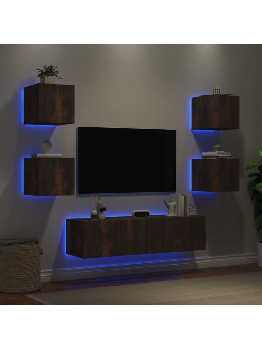6dílná obývací stěna s LED kouřový dub kompozitní dřevo
