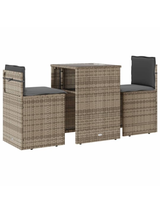 3dílný bistro set s poduškami šedý polyratan