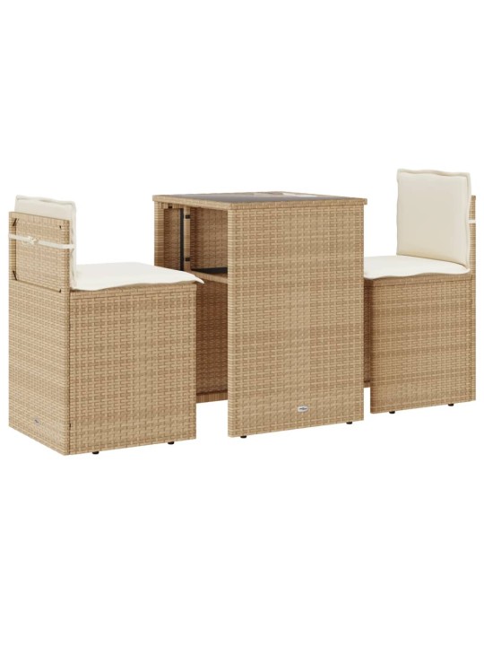 3dílný bistro set s poduškami béžový polyratan