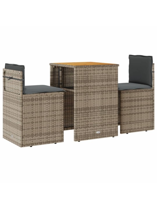 3dílný bistro set s poduškami šedý polyratan