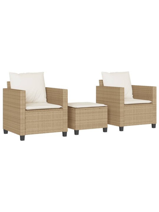3dílný bistro set s poduškami béžový polyratan