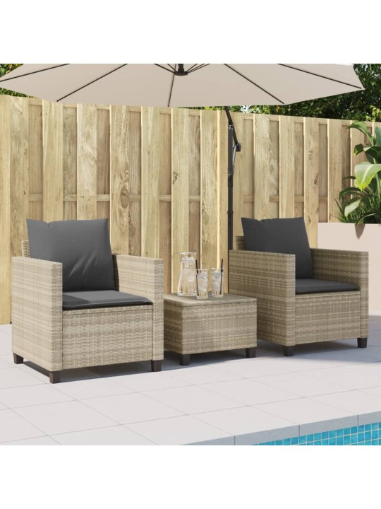 3dílný bistro set s poduškami světle šedý polyratan